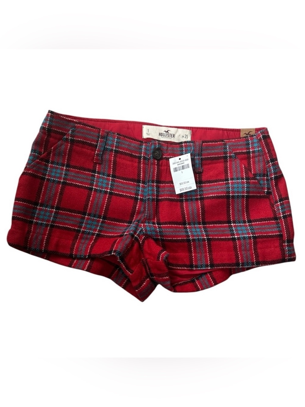Hollister Red Plaid Low-Rise Jean Shorts